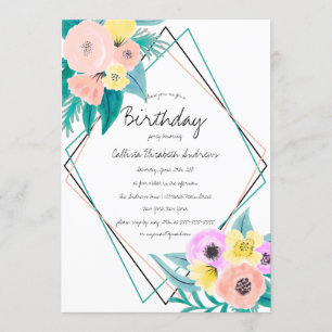 Coral Yellow Floral Watercolor Geo Frame Birthday Invitation