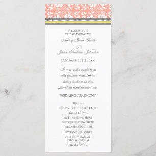 Coral Yellow Grey Damask Wedding Program Programme