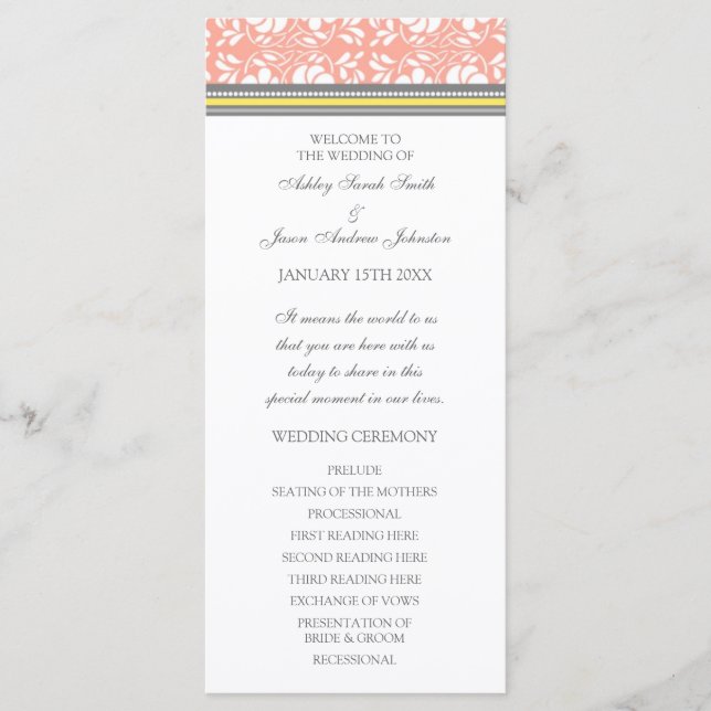 Coral Yellow Grey Damask Wedding Program Programme (Front)