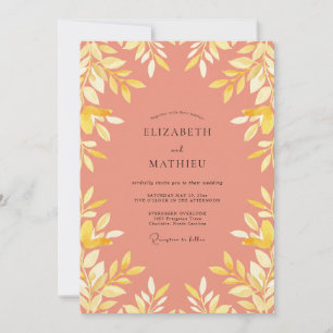 Coral Yellow Leafy Wedding Invitation