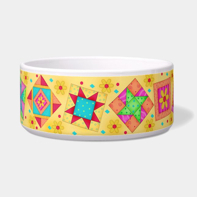 Coral Yellow Quilt Block Dog Food Bowl (Right)