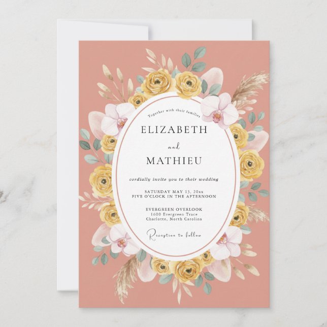 Coral Yellow Ranunculus Eucalyptus Wedding Invitation (Front)