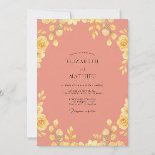 Coral Yellow Rose Wedding Invitation