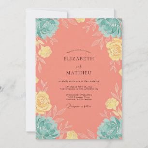 Coral Yellow Wreath Wedding Invitation