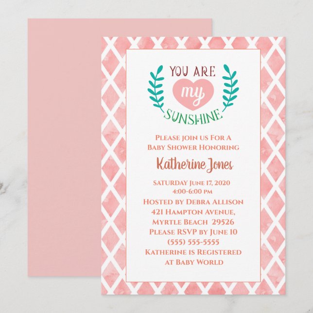 Coral You Are My Sunshine Baby Shower Invitation (Front/Back)