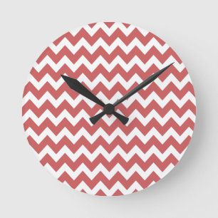 Coral Zigzag Chevron Stripes Round Clock