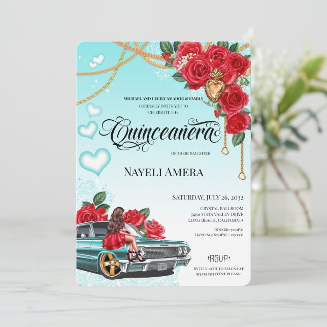 Corazón de Milagros Lowrider Chola Chicana Quince Invitation (Standing Front)
