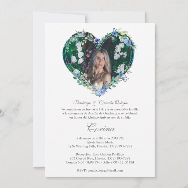 Corazón Floral en Azul con Foto de Quinceañera (Front)