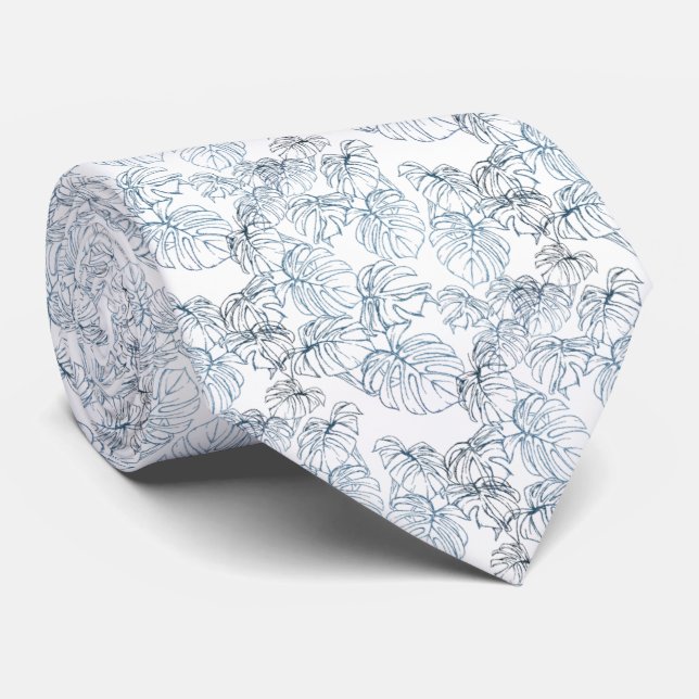 Corbata blanco con hojas azules dispersas tie (Rolled)