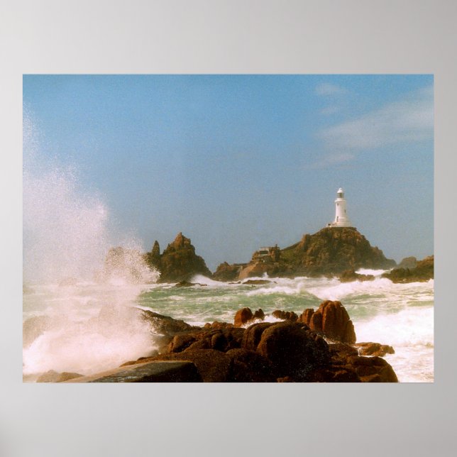 Corbiere Lighthouse in a winter storm Poster (Front)