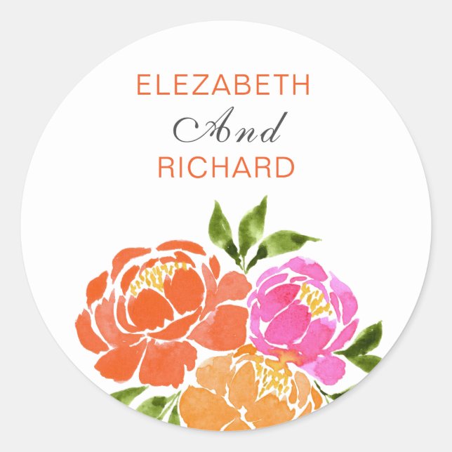 Corel Hot Pink Orange Floral Bouquet Classic Round Sticker (Front)