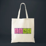 Corey periodic table name tote bag<br><div class="desc">Corey spelled out as C O Re Y (Carbon Oxygen Rhenium Yttrium) on a bag for the scientist in you.</div>