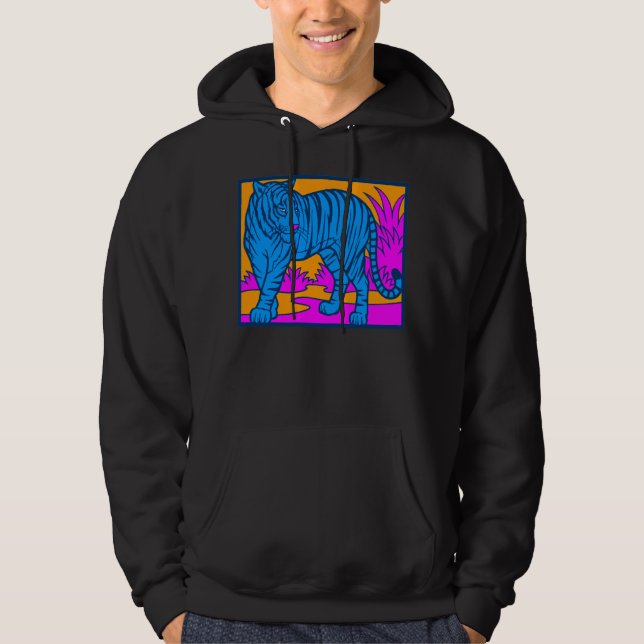 COREY TIGER '80s RETRO JUNGLE TIGER SCAPE BLUE Hoodie (Front)