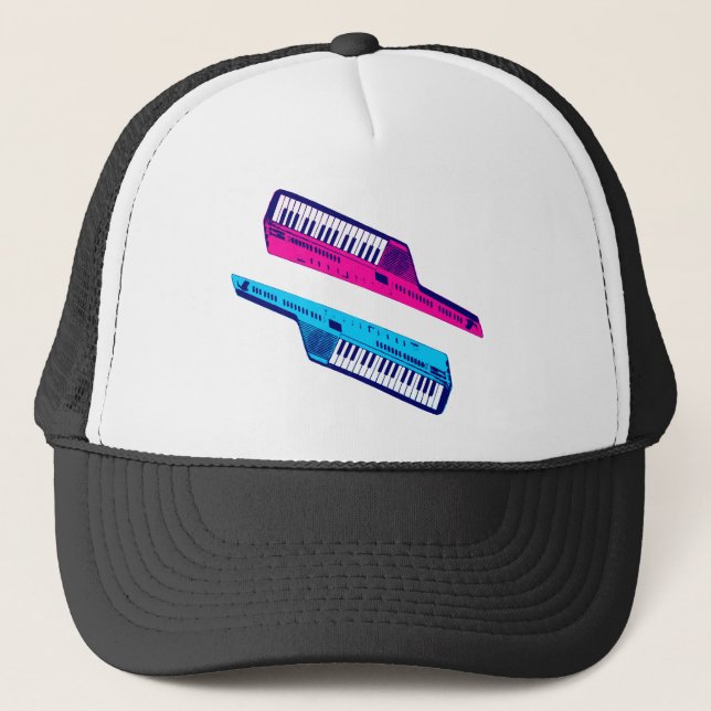 Corey Tiger 80's Retro Keytar Pink & Blue Trucker Hat (Front)