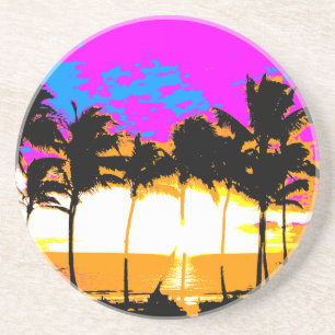Corey Tiger 80s Retro Vintage Palm Trees Sunset Coaster