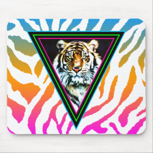 Corey Tiger 80s Vintage Neon Triangles Tiger Face Mouse Mat
