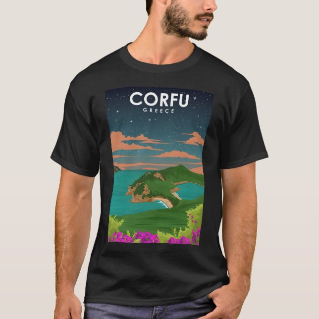 Corfu Greece Night Sky Retro Travel Poster  T-Shirt (Front)