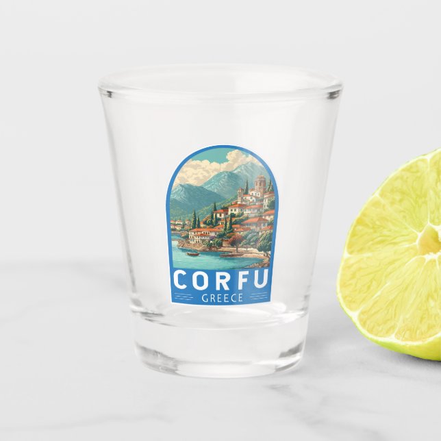 Corfu Greece Travel Art Emblem Shot Glass (Front)