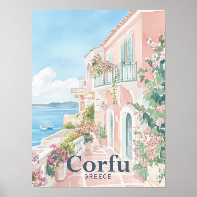 Corfu Greece Watercolor Painting Travel Poster (Front)