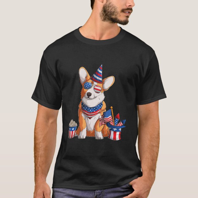 Corgi 4th of July American Sunglasses Dog USA T-Shirt (Front)