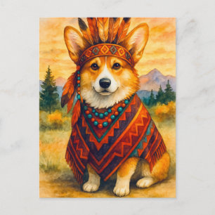 Corgi American Indian Happy Thanksgiving Postcard