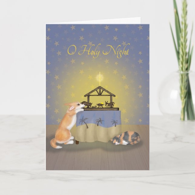 Corgi and cat with nativity scene Christmas card (Front)