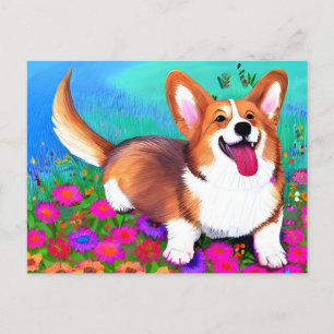 Corgi and flowers postcard