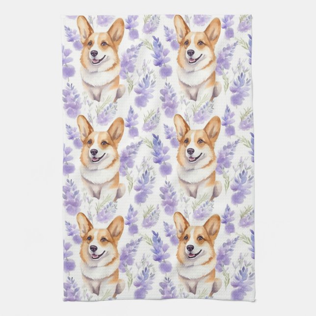 Corgi and Lavender Flowers Pattern Tea Towel (Vertical)