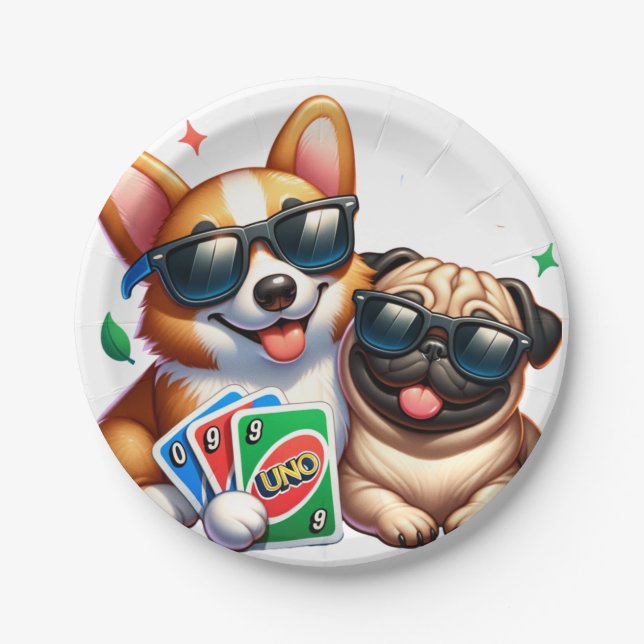 Corgi and Pug Uno Card Game Paper Plate (Front)
