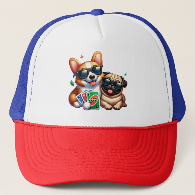 Corgi and Pug Uno Card Game Trucker Hat (Front)