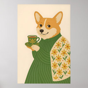 Corgi Art Print, Coffee, Floral Green Jacket, Dog Poster