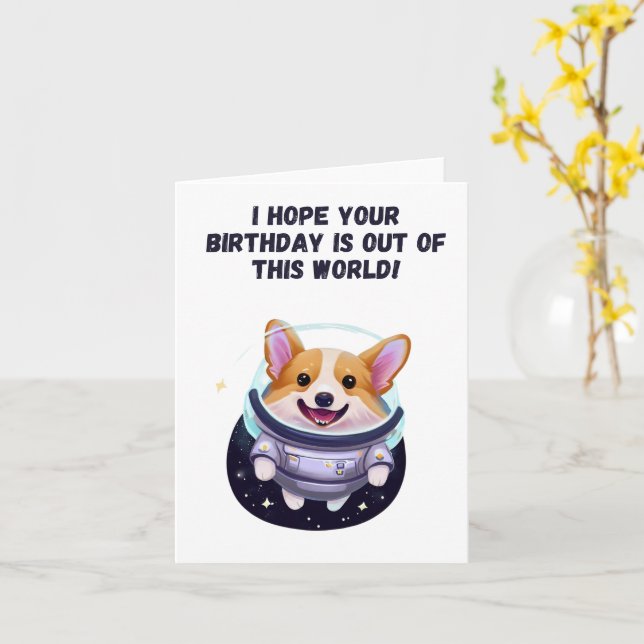 Corgi Astronaut Birthday Card (Yellow Flower)