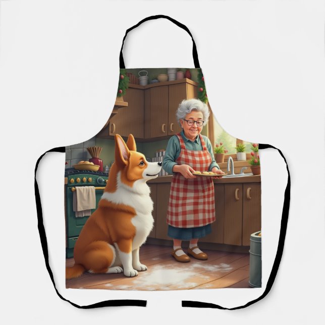 Corgi Baking with Grandma Christmas Painting Apron (Front)