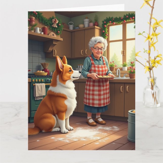 Corgi Baking with Grandma Christmas Painting Card (Yellow Flower)