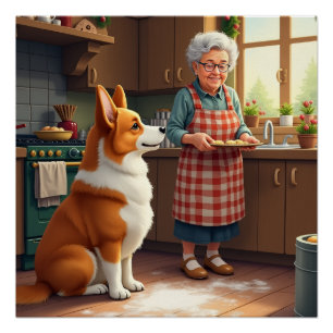 Corgi Baking with Grandma Christmas Painting Poster