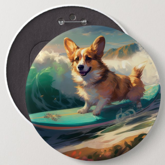Corgi  Beach Surfing Painting  6 Cm Round Badge (Front & Back)