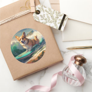 Corgi  Beach Surfing Painting  Classic Round Sticker