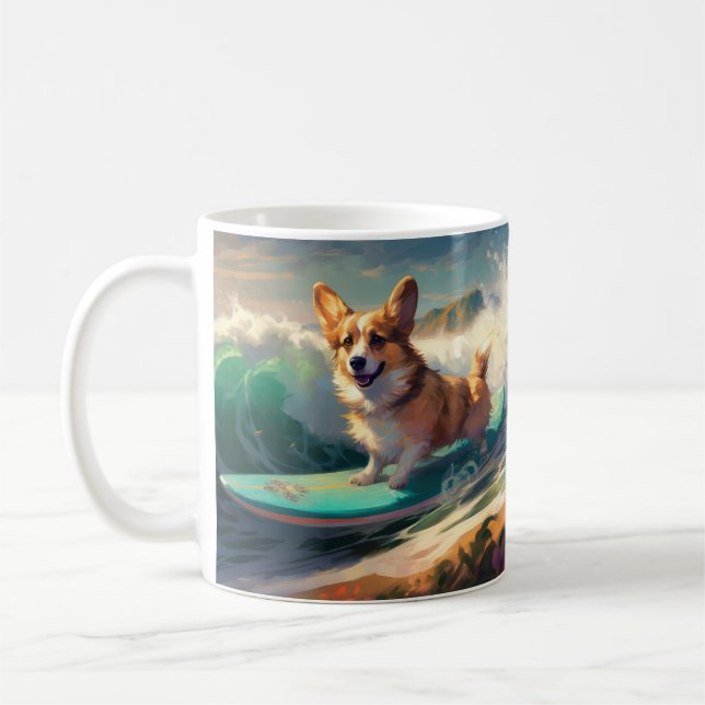 Corgi  Beach Surfing Painting  Coffee Mug (Left)