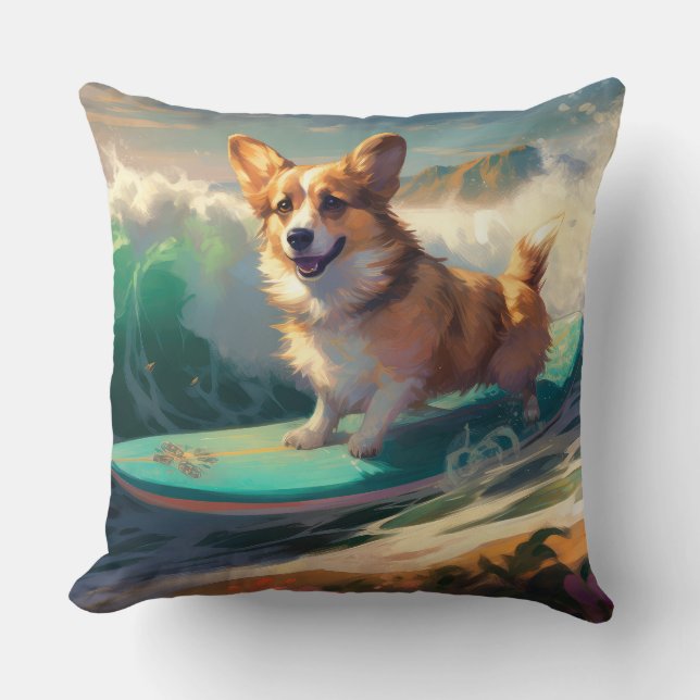 Corgi  Beach Surfing Painting  Cushion (Front)