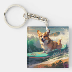 Corgi  Beach Surfing Painting  Key Ring