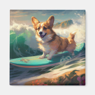 Corgi Beach Surfing Painting Magnet
