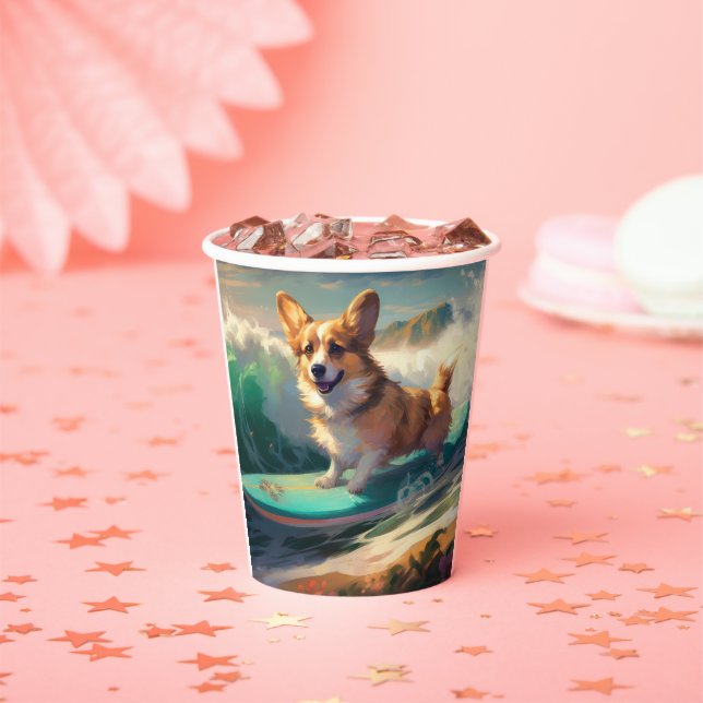 Corgi  Beach Surfing Painting  Paper Cups (Insitu)