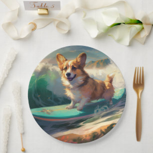 Corgi  Beach Surfing Painting  Paper Plate