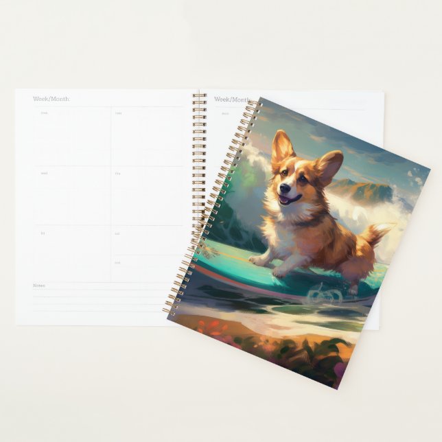 Corgi  Beach Surfing Painting  Planner (Display)