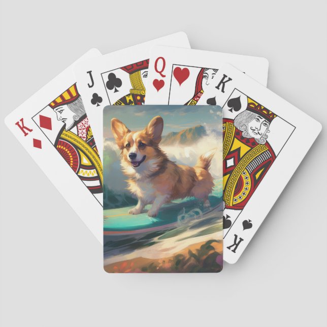 Corgi  Beach Surfing Painting  Playing Cards (Back)