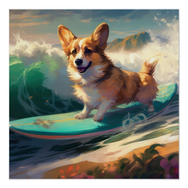 Corgi  Beach Surfing Painting  Poster (Front)