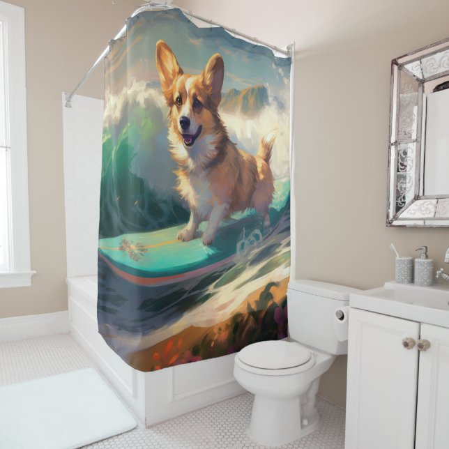 Corgi  Beach Surfing Painting  Shower Curtain (In Situ)