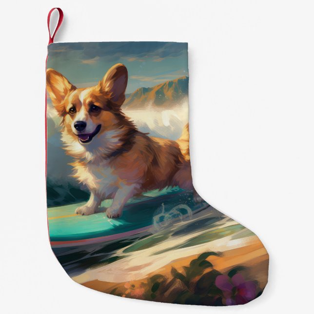 Corgi  Beach Surfing Painting  Small Christmas Stocking (Front)