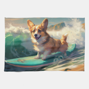 Corgi  Beach Surfing Painting  Tea Towel