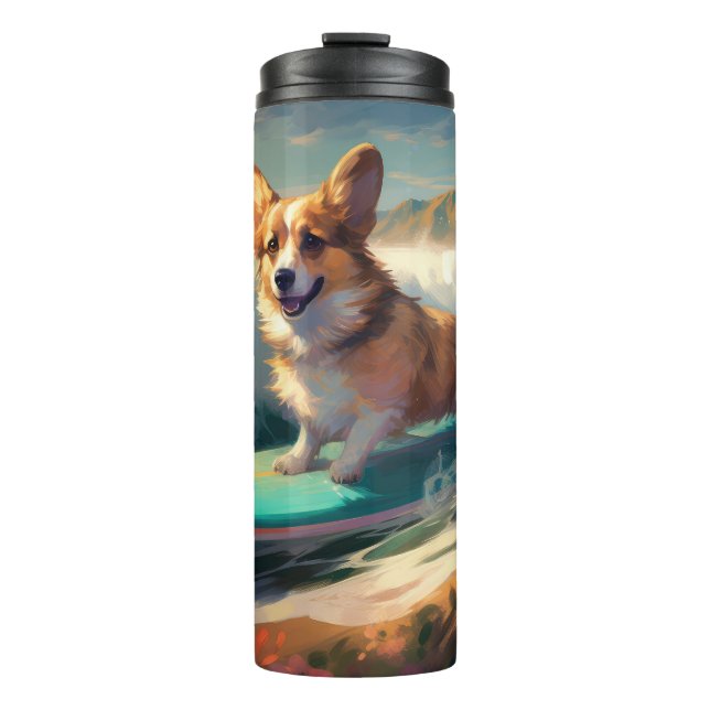 Corgi  Beach Surfing Painting  Thermal Tumbler (Front)